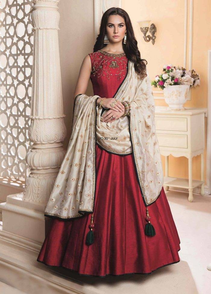 maroon kumkum silk handworked neck partywear gown with embroidered dupatta