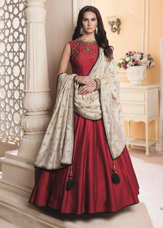 maroon kumkum silk handworked neck partywear gown with embroidered dupatta