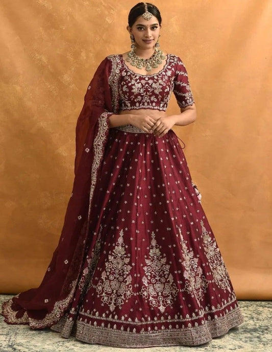 Maroon mono silk heavy embroidered wedding lehenga choli
