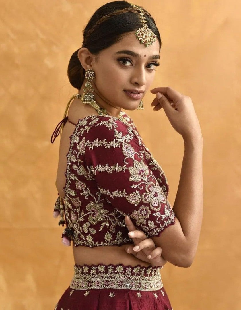 Maroon mono silk heavy embroidered wedding lehenga choli