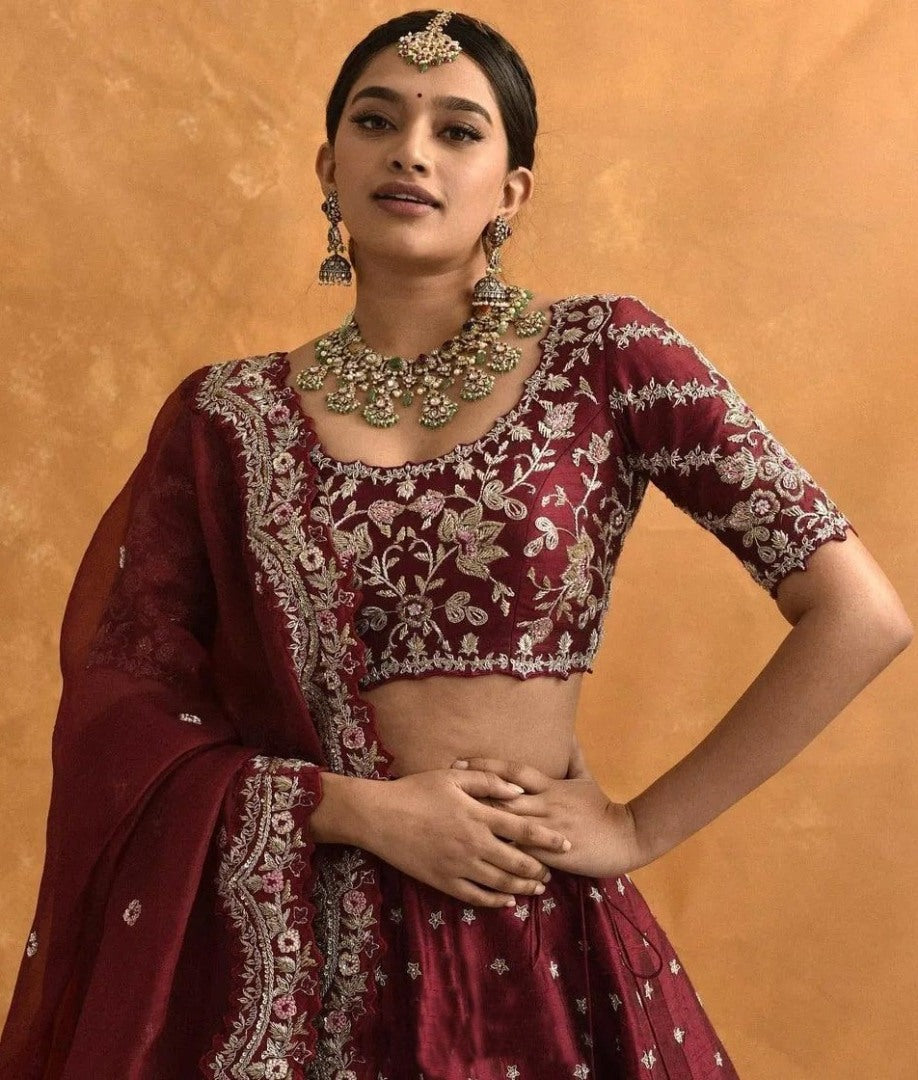 Maroon mono silk heavy embroidered wedding lehenga choli