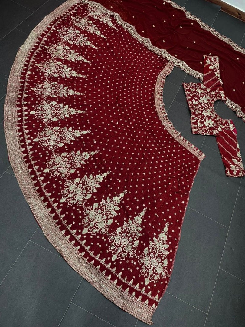 Maroon mono silk heavy embroidered wedding lehenga choli