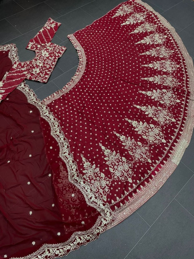 Maroon mono silk heavy embroidered wedding lehenga choli