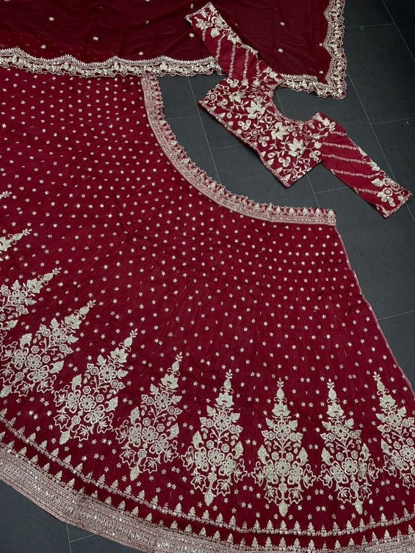 Maroon mono silk heavy embroidered wedding lehenga choli