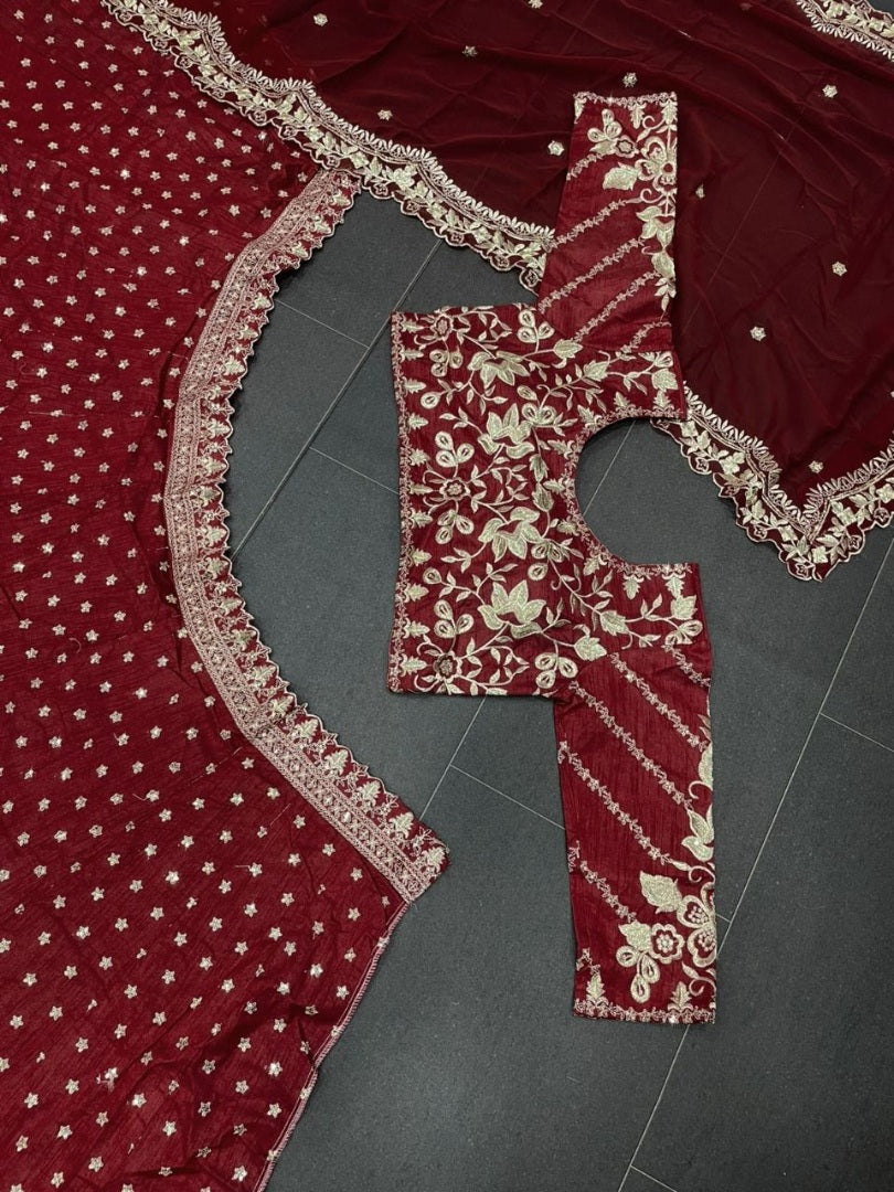 Maroon mono silk heavy embroidered wedding lehenga choli