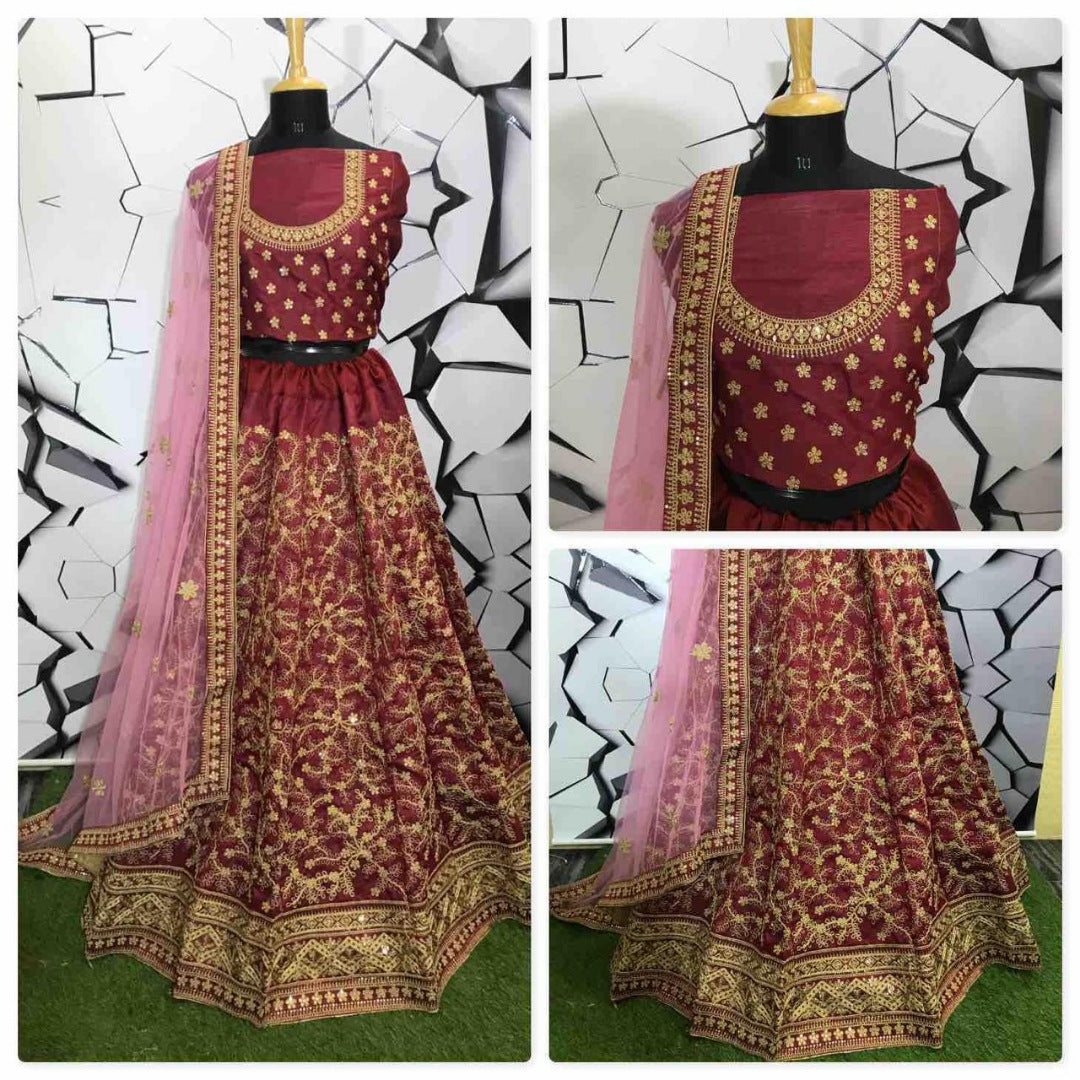 maroon mulberry silk designer embroidered heavy wedding lehenga choli