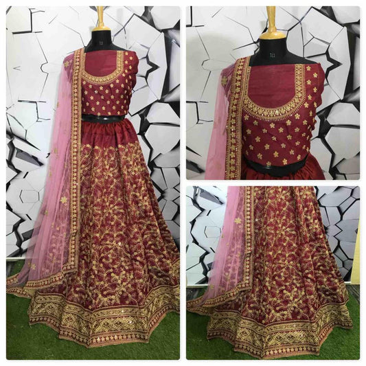 maroon mulberry silk designer embroidered heavy wedding lehenga choli