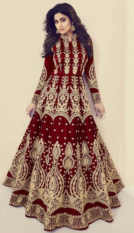 Maroon mulberry silk heavy embroidered designer wedding gown