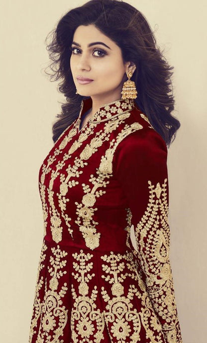 Maroon mulberry silk heavy embroidered designer wedding gown