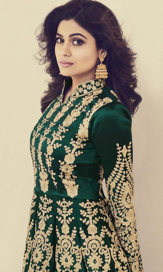 Maroon mulberry silk heavy embroidered designer wedding gown