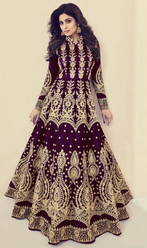 Maroon mulberry silk heavy embroidered designer wedding gown