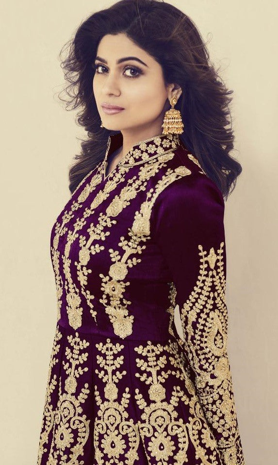 Maroon mulberry silk heavy embroidered designer wedding gown