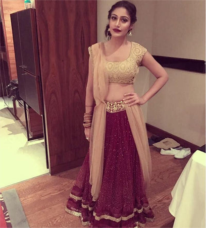maroon net festival wear lehenga