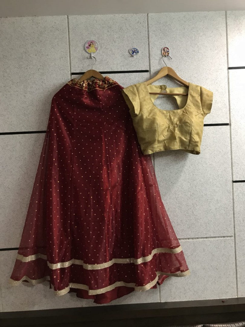 maroon net festival wear lehenga