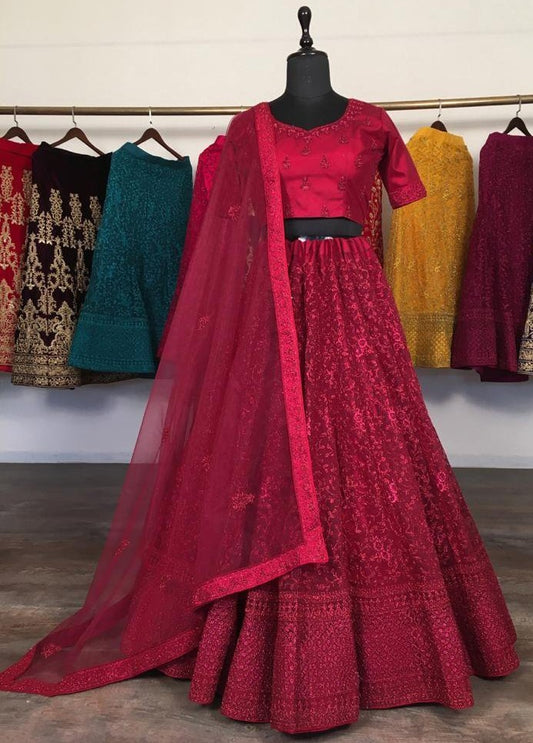 Maroon net glitter zari embroidery work lehenga choli
