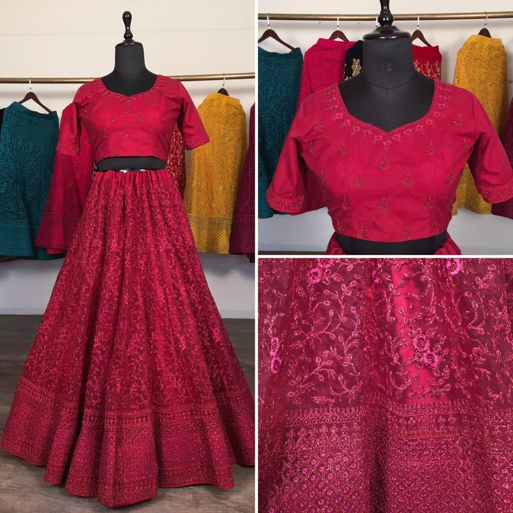 Maroon net glitter zari embroidery work lehenga choli