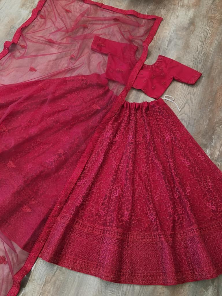 Maroon net glitter zari embroidery work lehenga choli