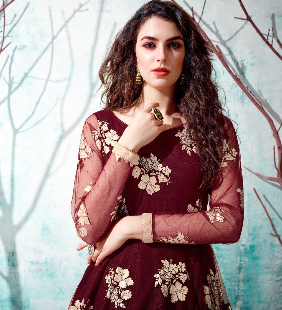 Maroon net metallic foil work party wear designer gown