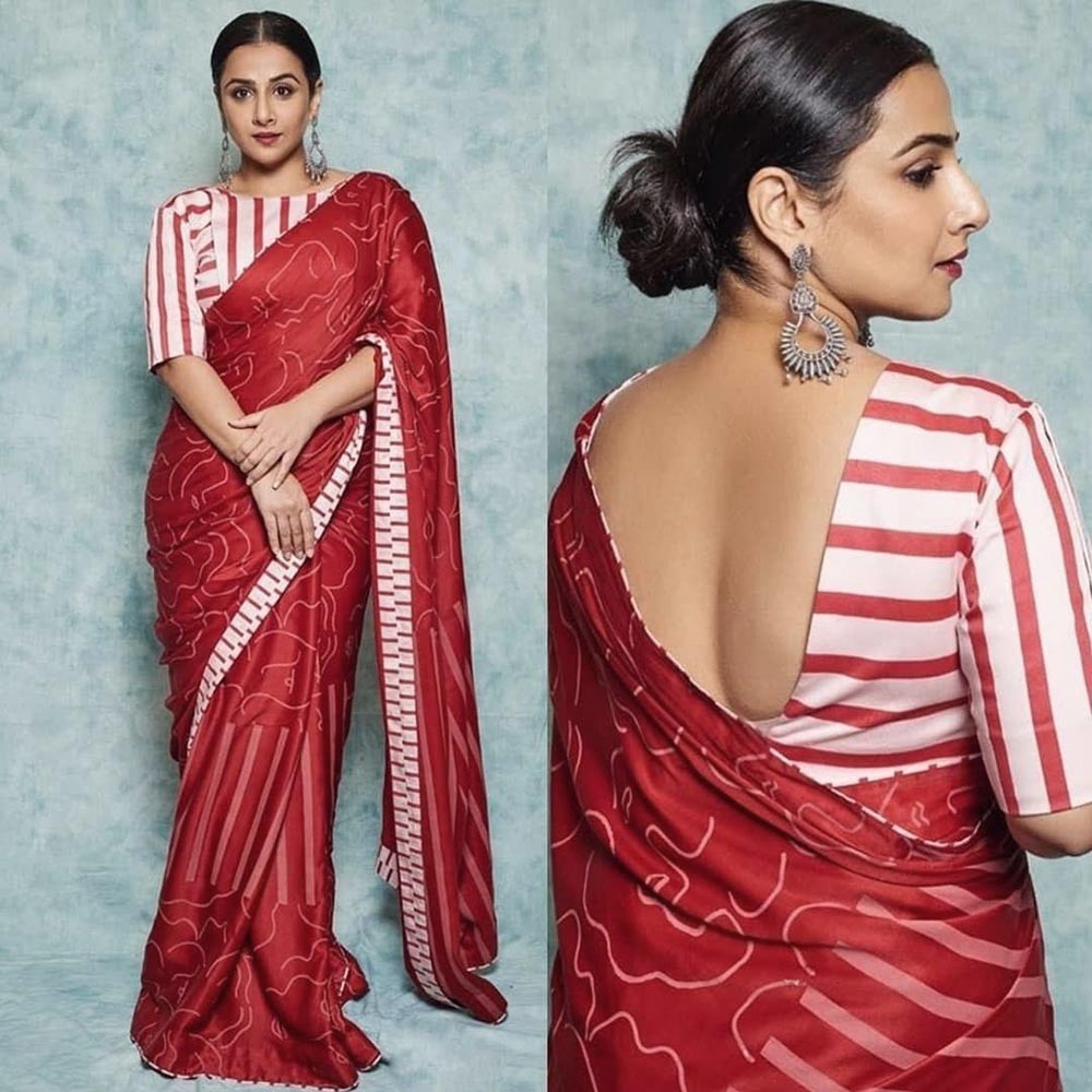 Maroon paper silk printed saree with printed strip blouse