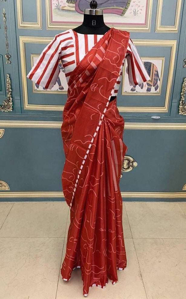 Maroon paper silk printed saree with printed strip blouse