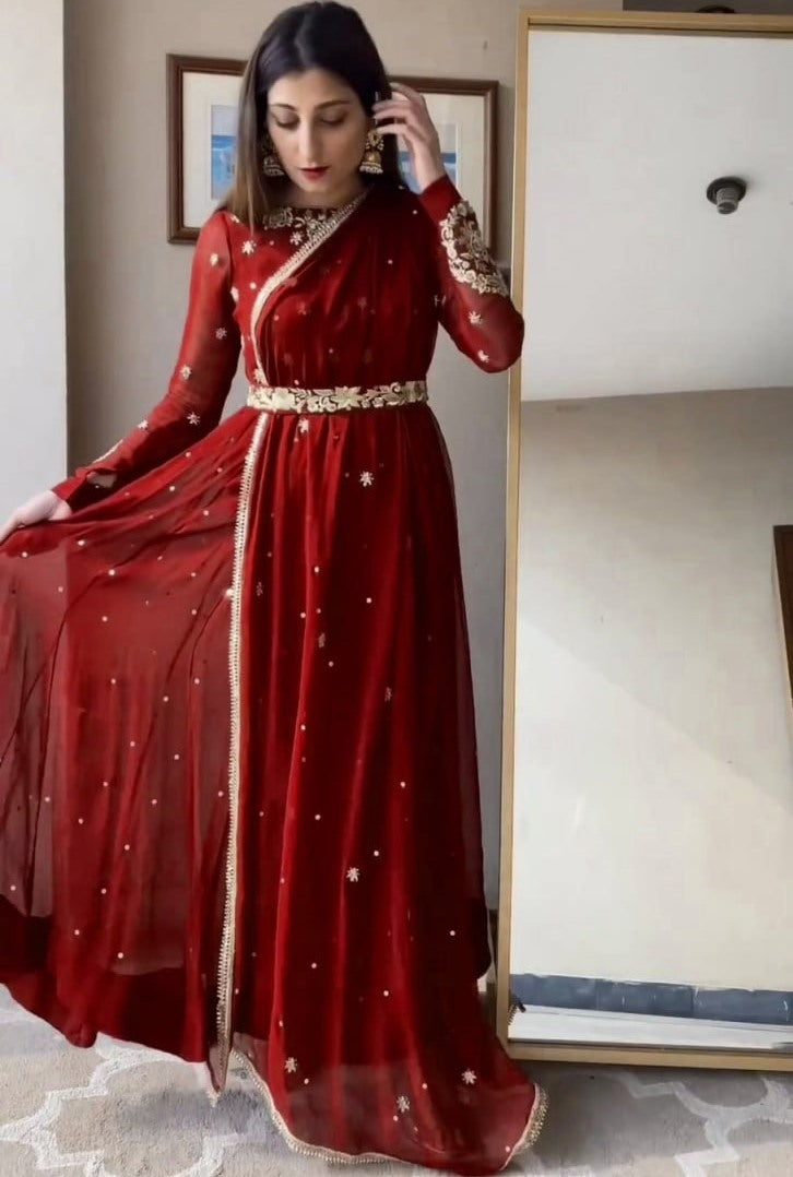 Maroon party wear anarkali suit
