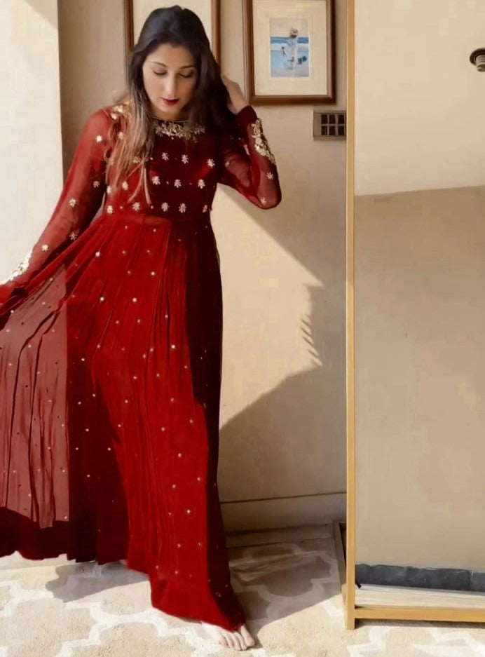 Maroon party wear anarkali suit