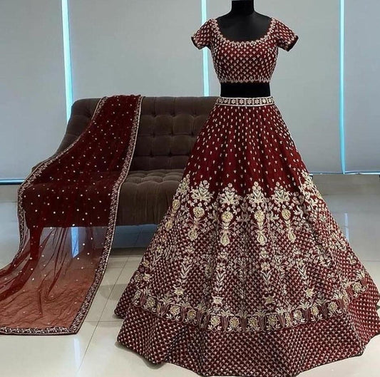 Maroon phantom silk embroidered work ceremonial lehenga choli