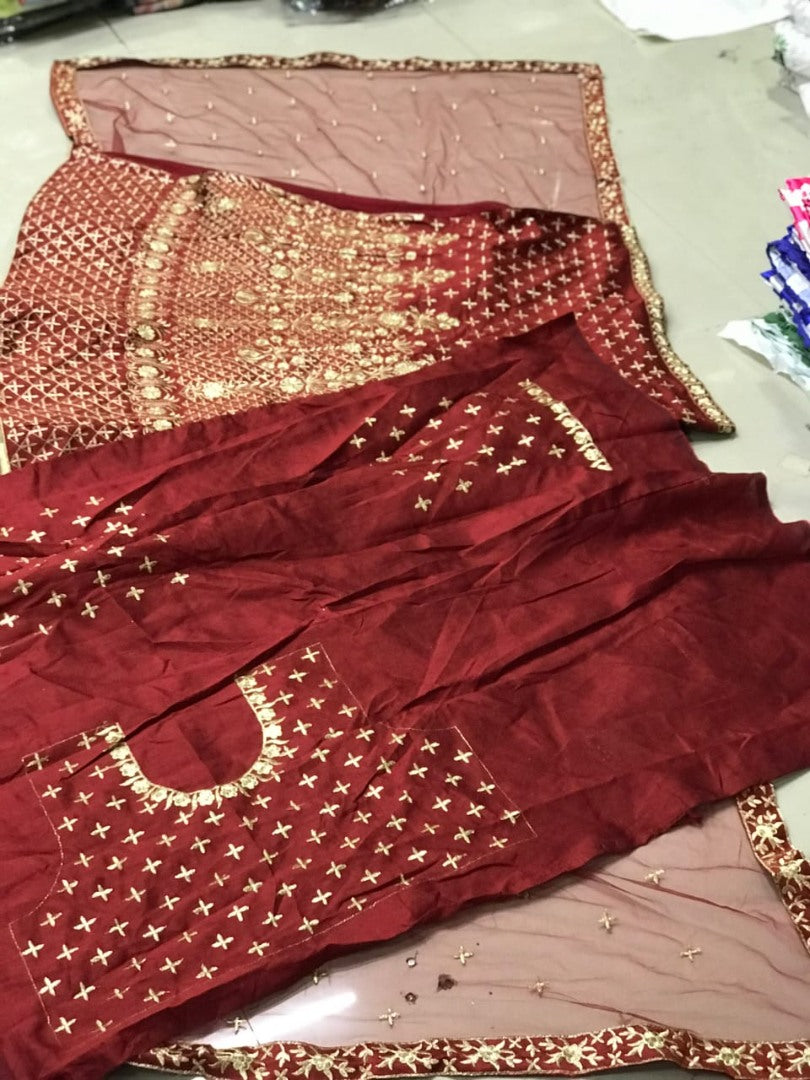 Maroon phantom silk embroidered work ceremonial lehenga choli