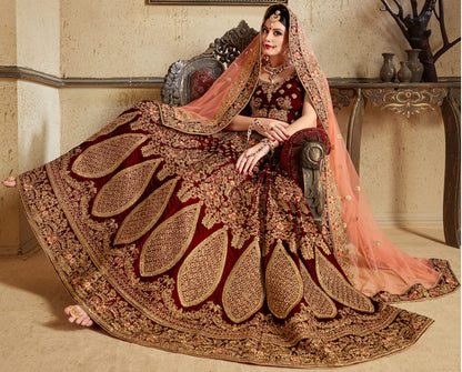 Maroon pure velvet designer heavy embroidered bridal lehenga