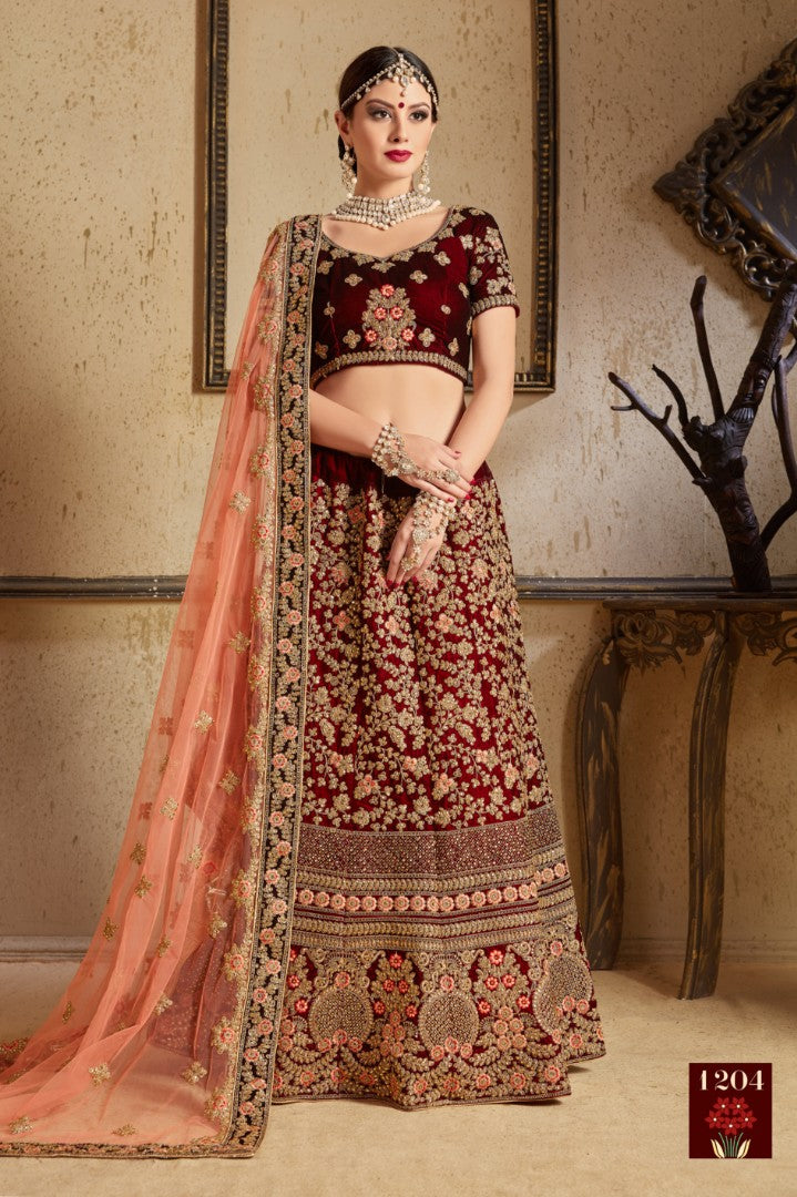 Maroon pure velvet designer heavy embroidered bridal lehenga