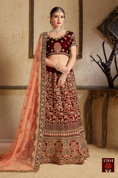 Maroon pure velvet designer heavy embroidered bridal lehenga