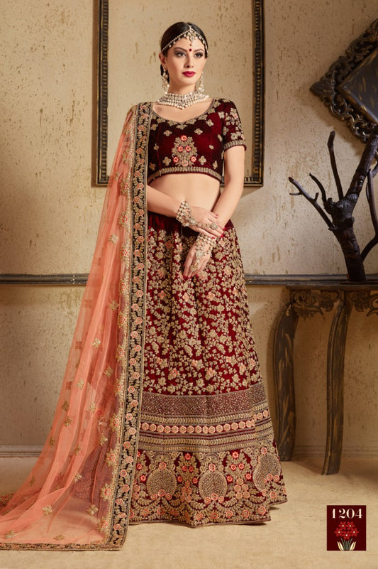 Maroon pure velvet designer heavy embroidered bridal lehenga