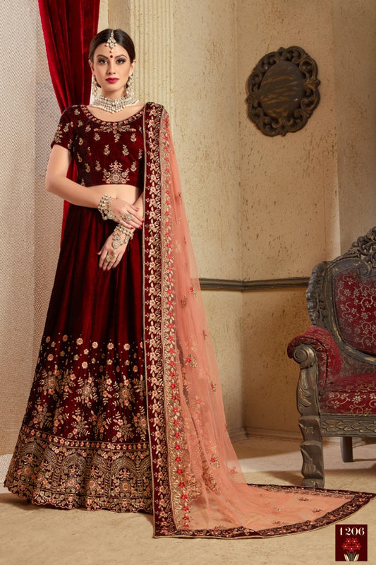 Maroon pure velvet designer heavy embroidered bridal lehenga
