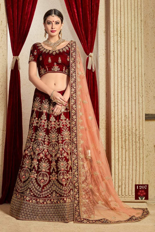 Maroon pure velvet designer heavy embroidered bridal lehenga