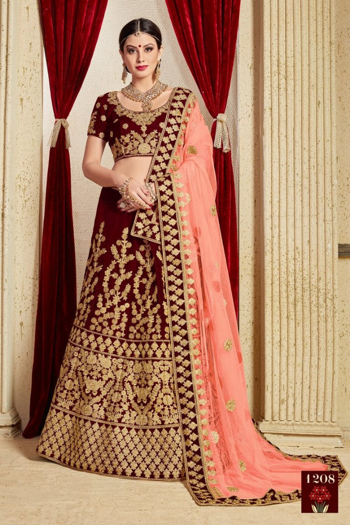 Maroon pure velvet designer heavy embroidered bridal lehenga
