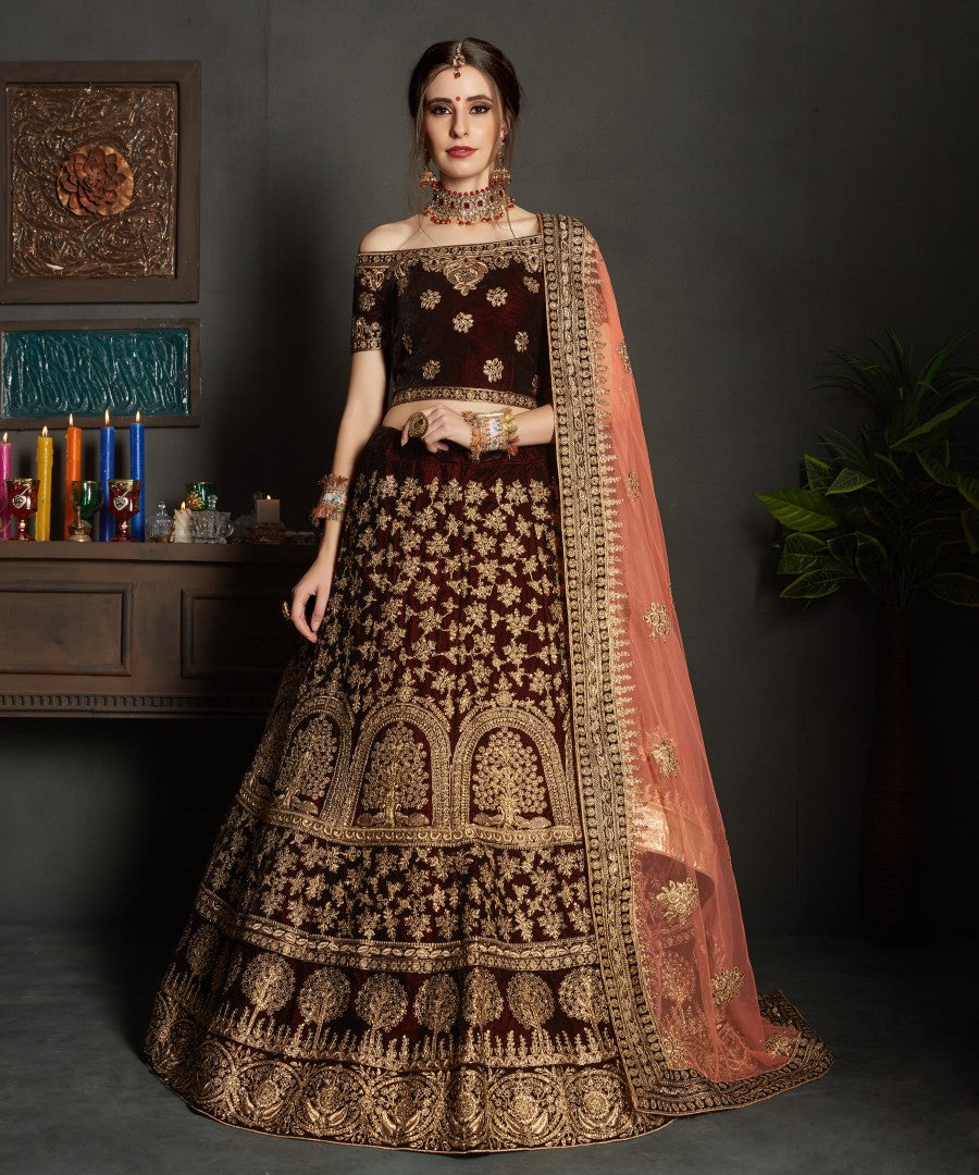 maroon pure velvet designer heavy embroidered bridal lehenga