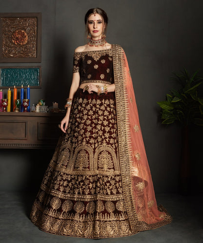 maroon pure velvet designer heavy embroidered bridal lehenga