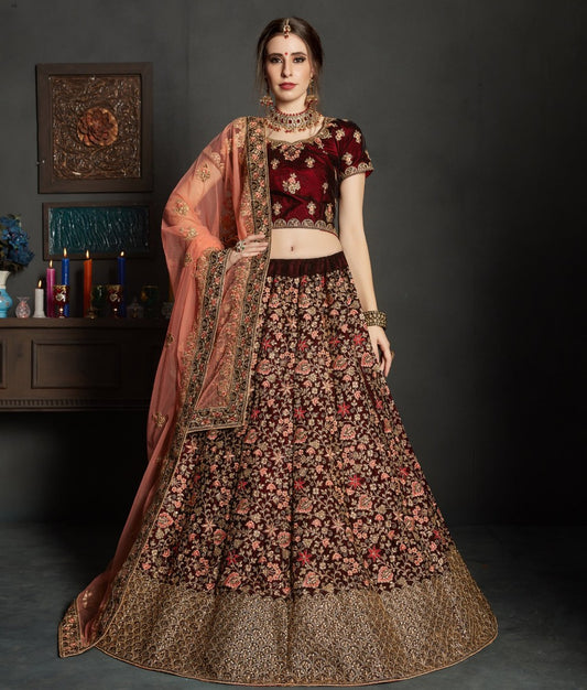 maroon pure velvet designer heavy embroidered bridal lehenga