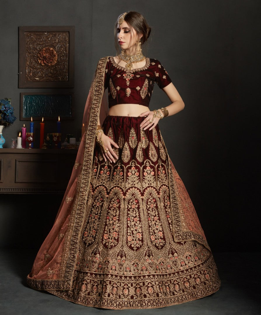 maroon pure velvet designer heavy embroidered bridal lehenga