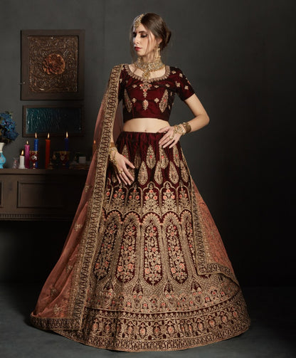 maroon pure velvet designer heavy embroidered bridal lehenga