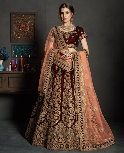 maroon pure velvet designer heavy embroidered bridal lehenga