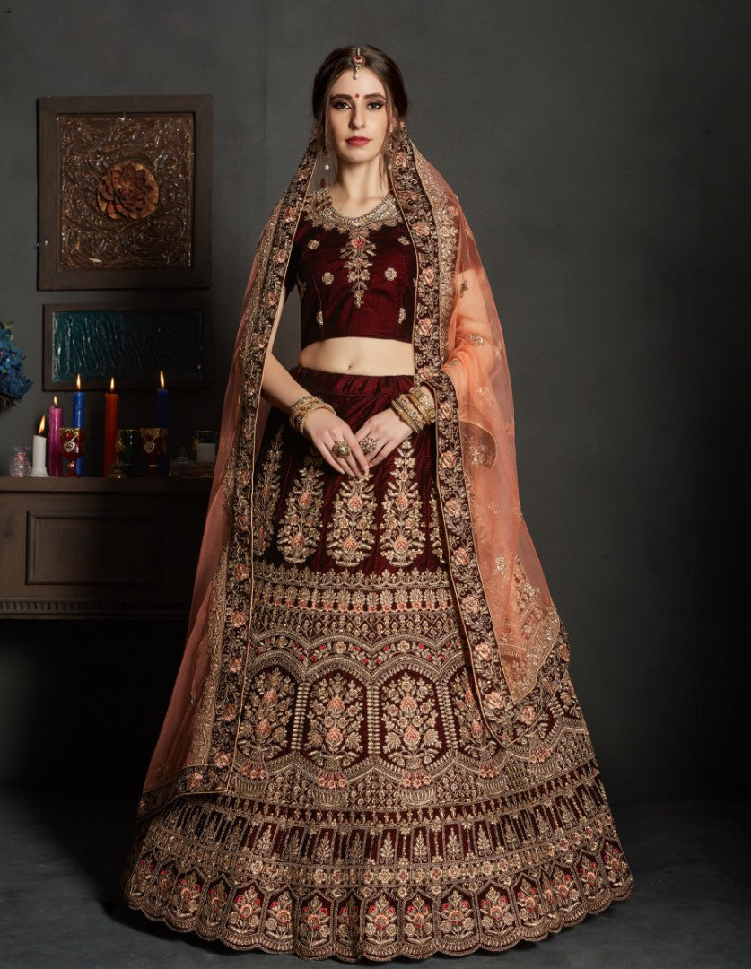 maroon pure velvet designer heavy embroidered bridal lehenga