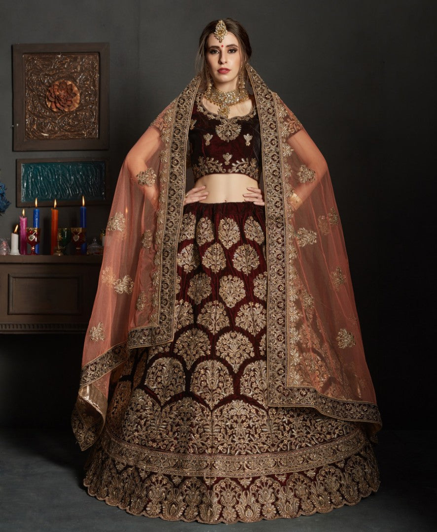 maroon pure velvet designer heavy embroidered bridal lehenga