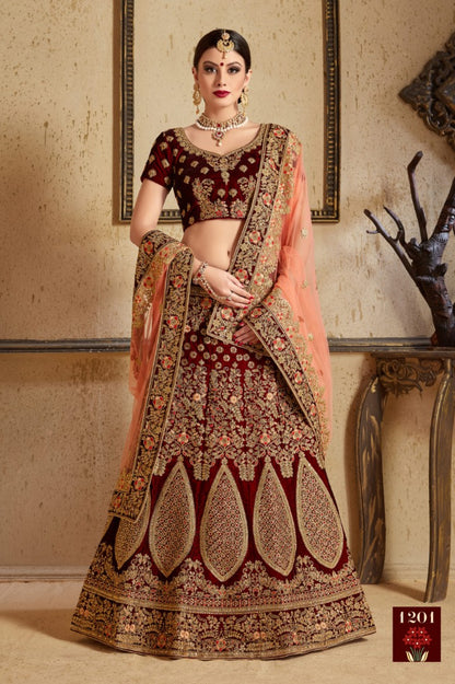 Maroon pure velvet designer heavy embroidered bridal lehenga