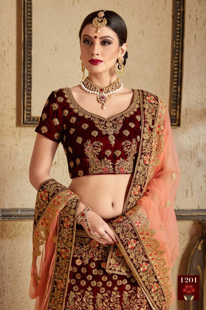 Maroon pure velvet designer heavy embroidered bridal lehenga