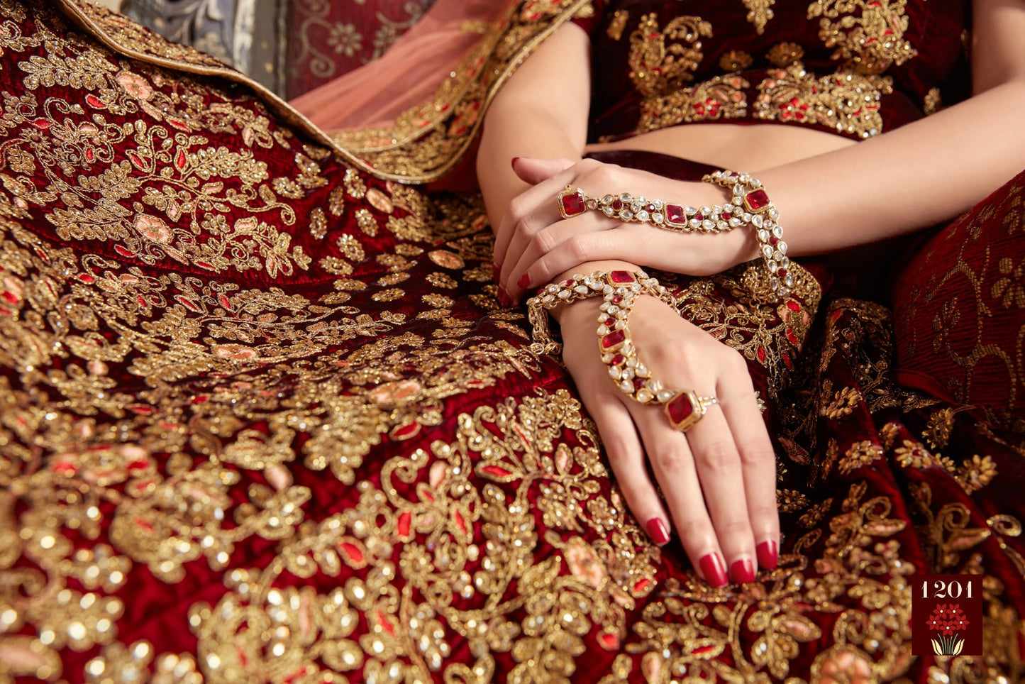 Maroon pure velvet designer heavy embroidered bridal lehenga