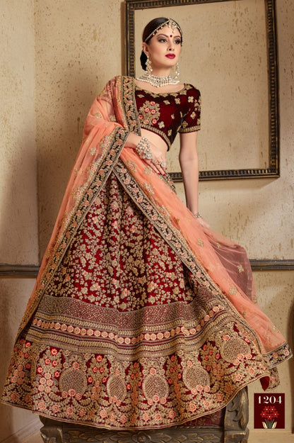 Maroon pure velvet designer heavy embroidered bridal lehenga