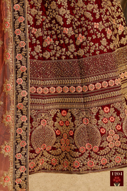 Maroon pure velvet designer heavy embroidered bridal lehenga