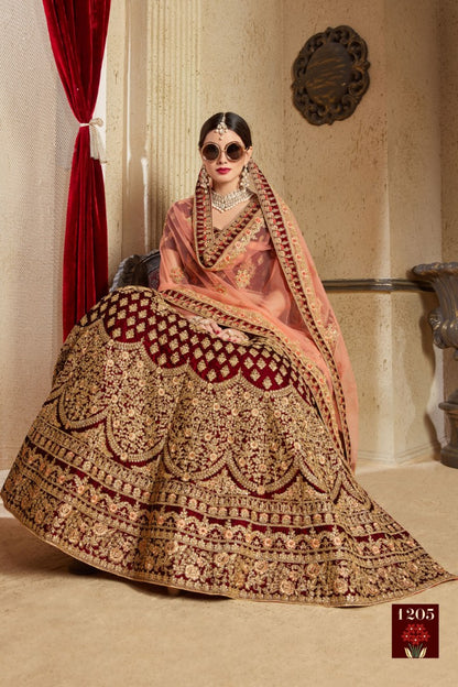 Maroon pure velvet designer heavy embroidered bridal lehenga