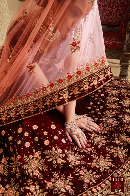 Maroon pure velvet designer heavy embroidered bridal lehenga